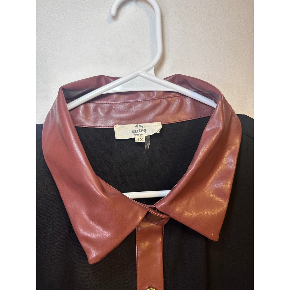 Entro Black Faux Leather Trim Button Front Shirt Dress‎ Size 1X - Picture 5 of 10